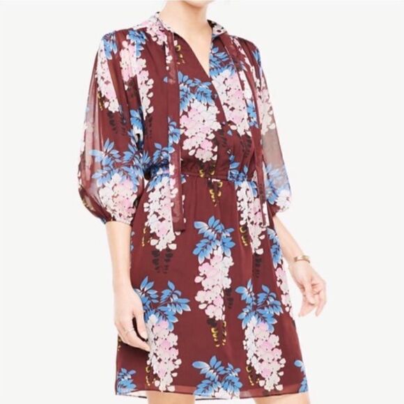 Ann Taylor Women’s Floral Tie Neck Shirt Dress Brown Pink Size‎ Small Petite - Picture 3 of 11